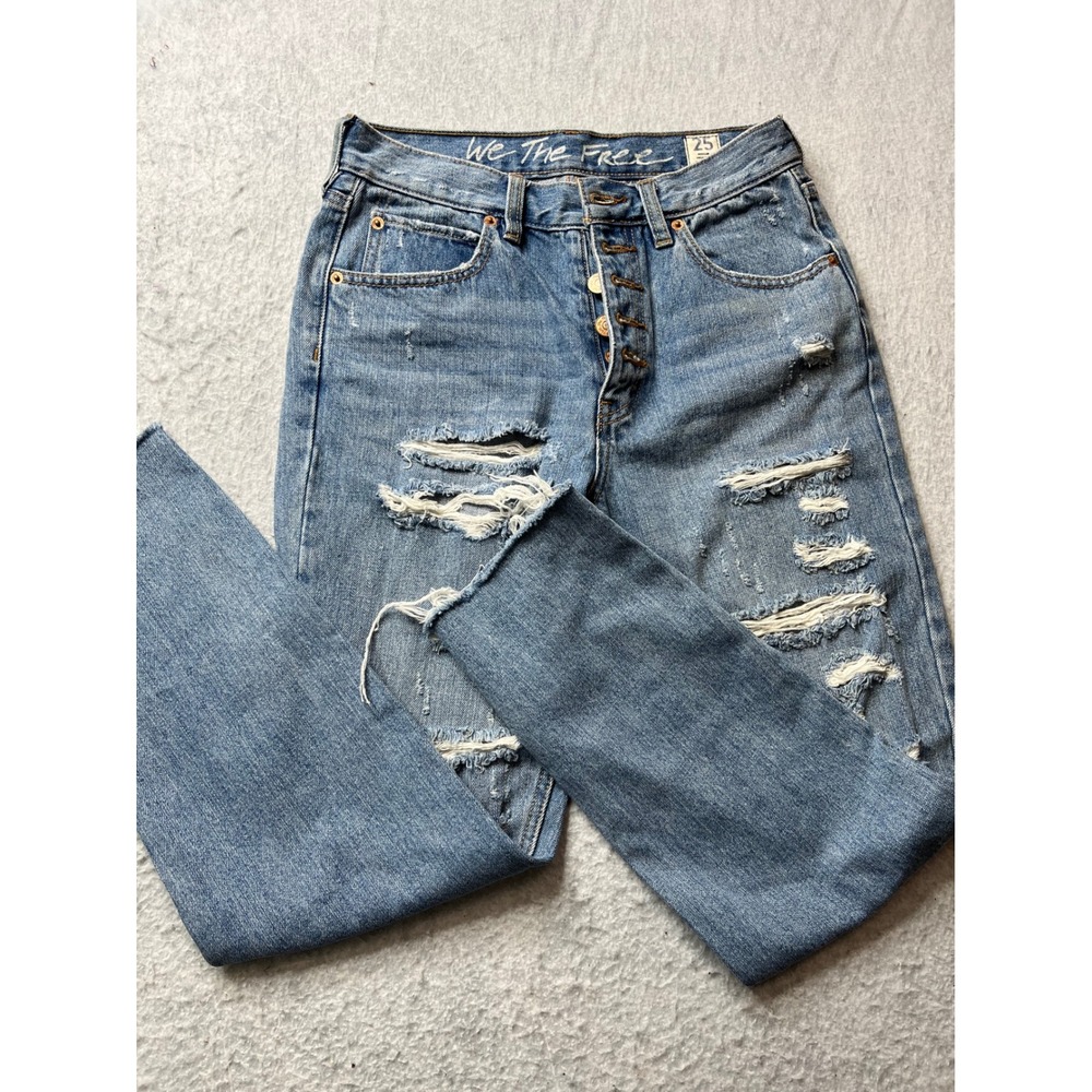 We The Free Jeans Womens 25 Blue High Rise Button Fly Distressed Denim raw hem